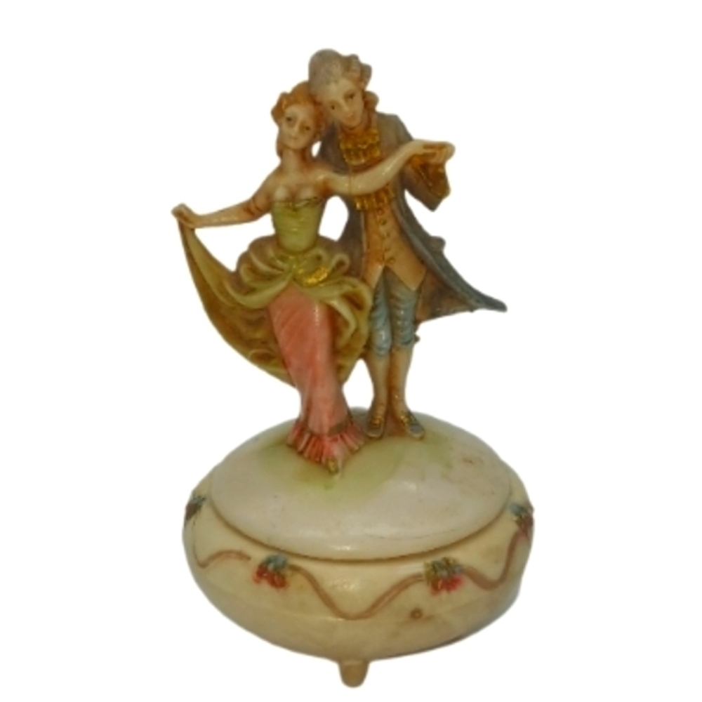 1981 DEPOSE ITALY FONTONINI COLONIAL DANCING COUPLE POWDER JAR TRINKET BOX